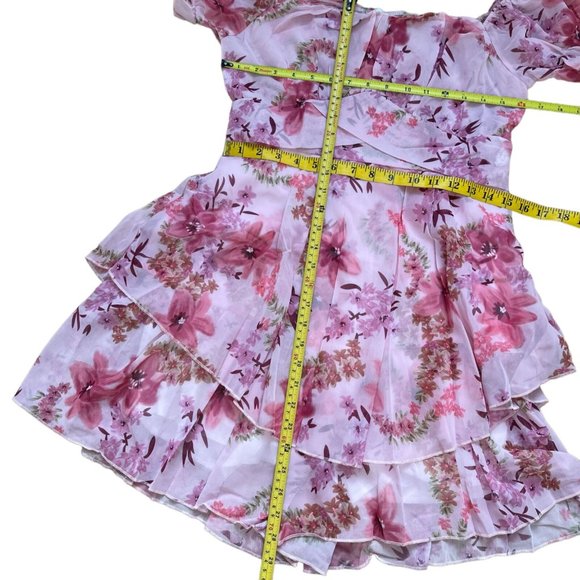 Womens Boho Romper Large L Pink-Floral Off The Shoulder Lined Ruffle Layered - Picture 12 of 13